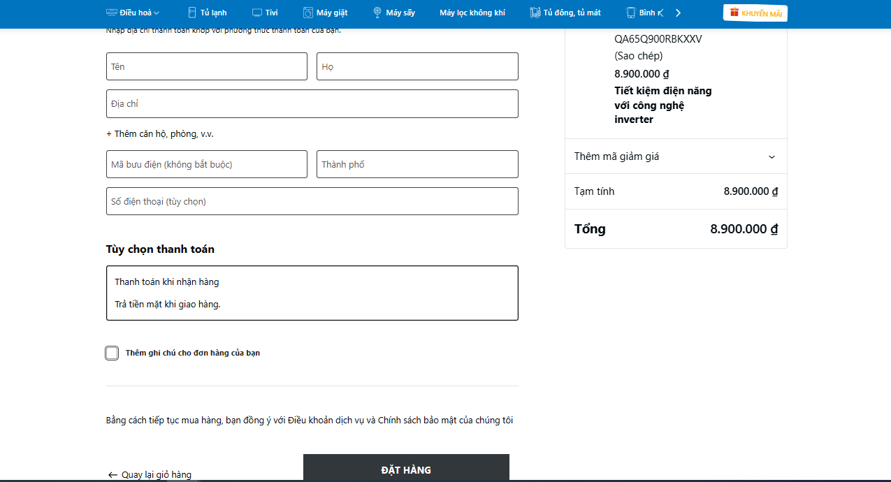 Điền thông tin để mua hàng 